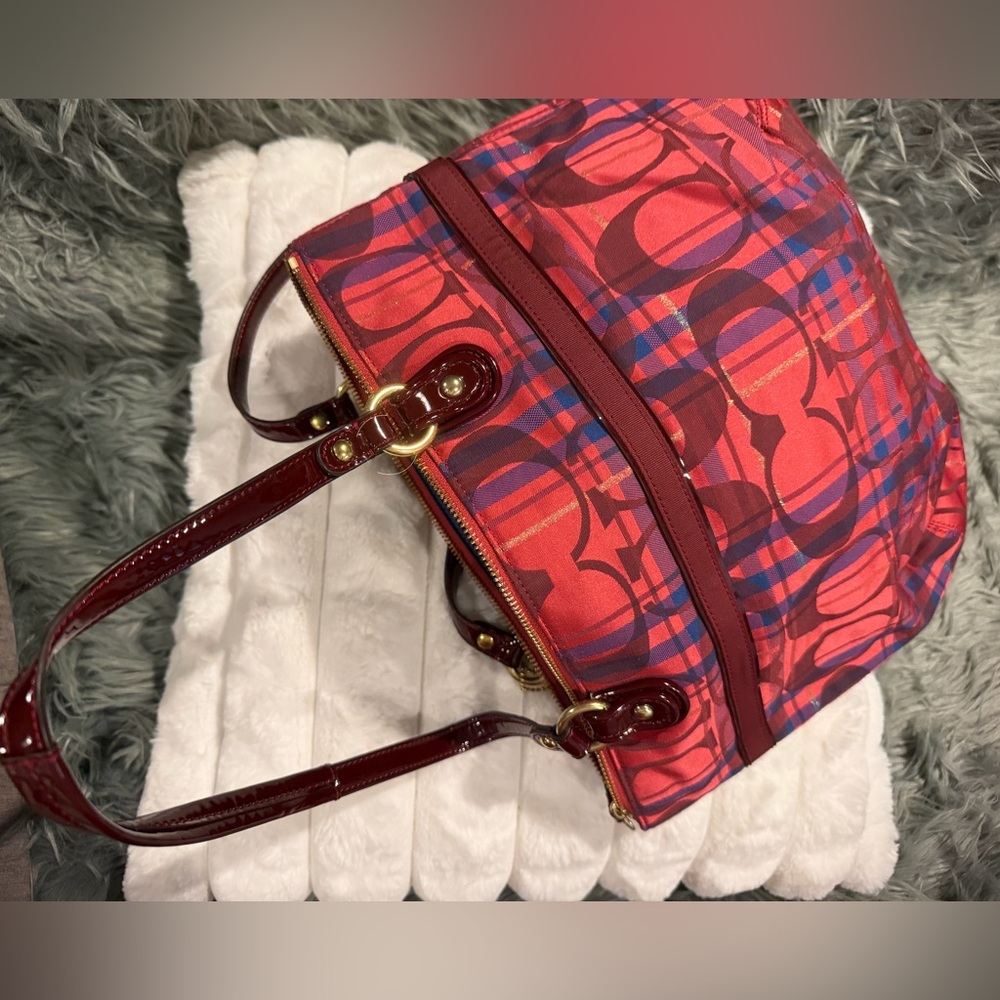 Coach Red and Blue Plaid Tote Bag